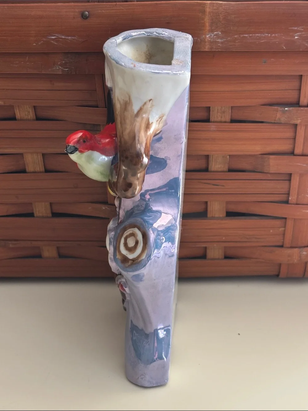 Vintage Japanese Lusterware Bird Wall Pocket Vase Red Bird Cherry Blossom/Branch